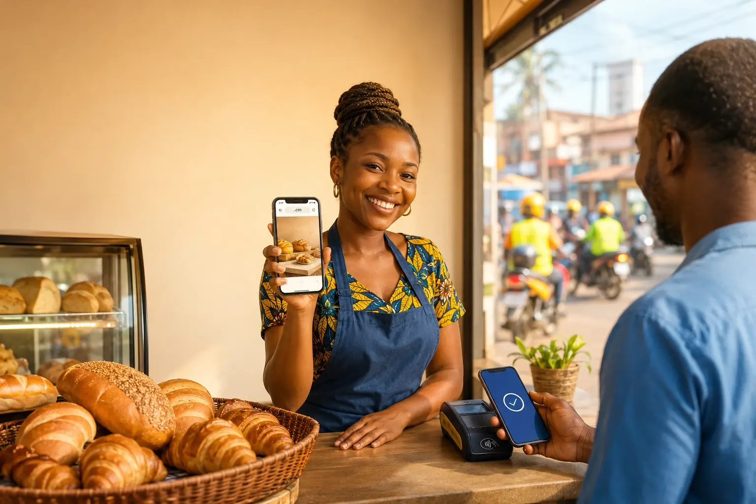 A Douala baker proudly shows her shop's .cm website while a customer pays with Mobile Money