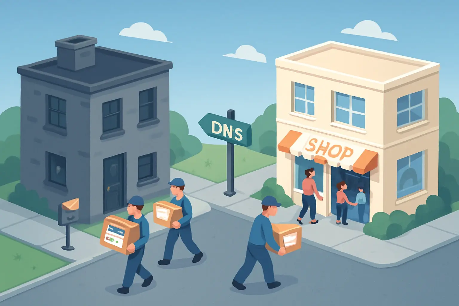 Movers carry boxes from an old building to a new shop that stays open to customers, past a DNS signpost pointing to the new address