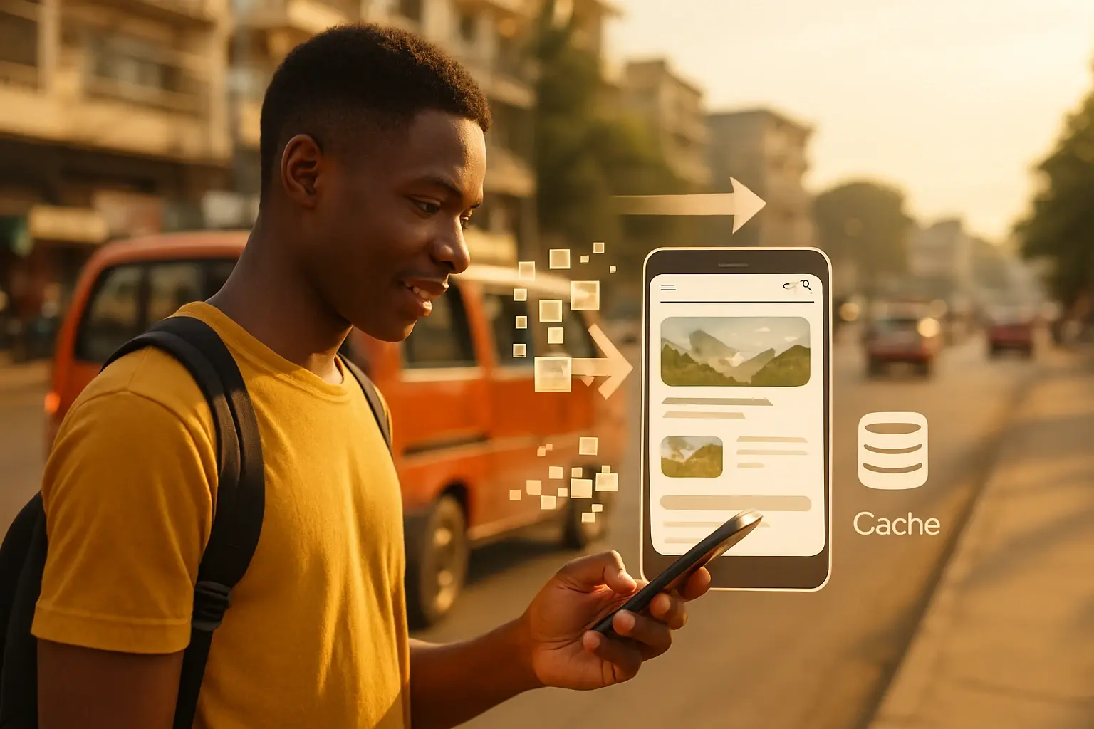 A young man on a street in Yaoundé browses a website that loads instantly on his smartphone, with compressed images and a cache