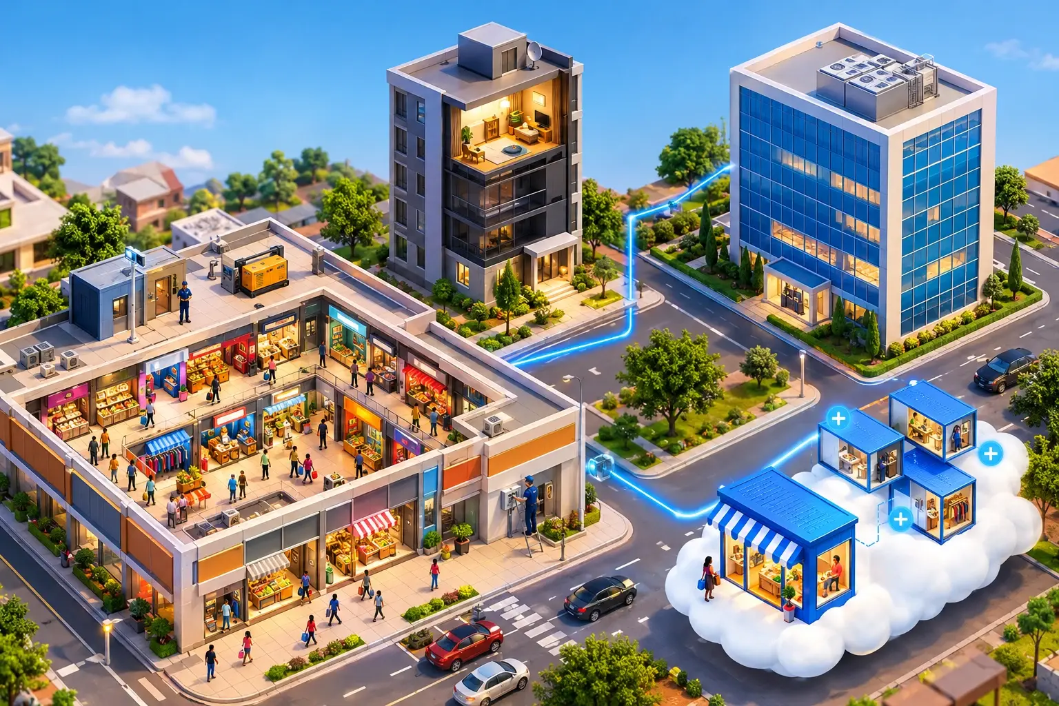 Miniature neighbourhood: a shared shopping centre, a building with a single fitted-out flat, a whole building and a modular shop resting on a cloud