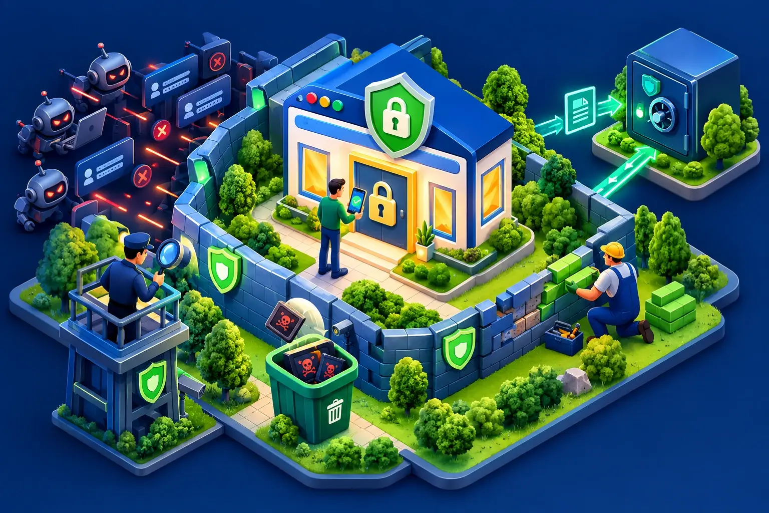 A website drawn as a protected house: a wall against hacker bots, a login confirmed on a smartphone, updates, a backup sent to a safe and monitoring